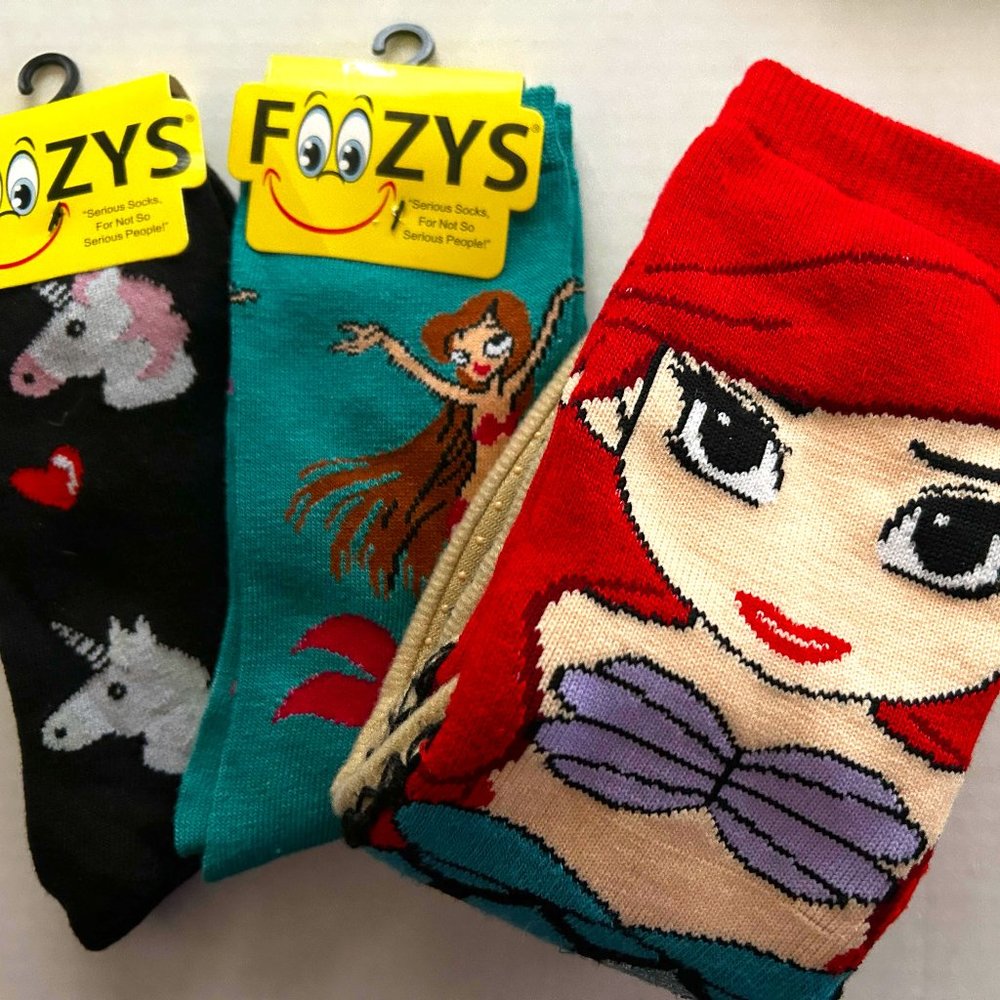Lot Of 3 Novelty Socks Foozy's Disney Slippers Size 9-11 Mermaids Unicorns